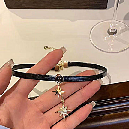 Unique Octagram Star Pendant Leather Rope Necklace Fashion Jewelry for Women