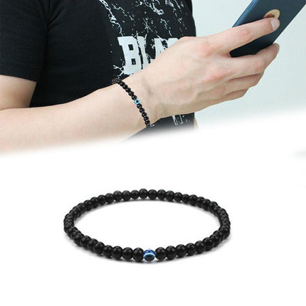 Turkish Greek Evil Eye Bracelet 6mm Elastic Cord Black Bead Handmade Unisex - Aimall