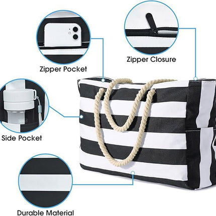 Large Bohemian Striped Canvas Beach Bag Zipper Tote for Travel Outdoor Vacation