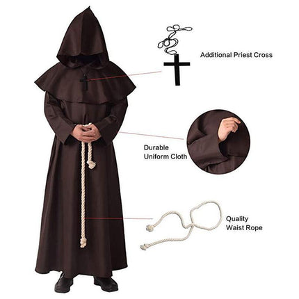 Medieval Friar Hooded Robe Monk Cross Necklace Renaissance Cosplay Costume AU - Aimall