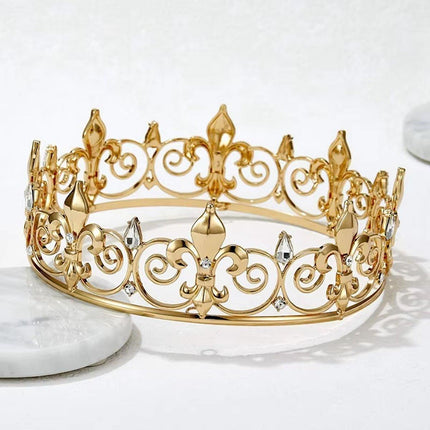 Gold King Crown Alloy Royal King Crown for Men Full Round Crowns Wedding