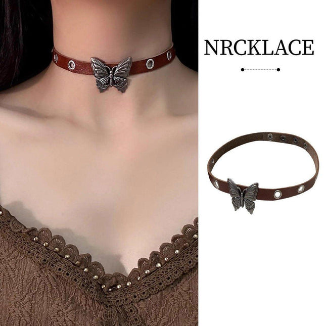 Elegant Brown Leather Butterfly Necklace with Adjustable Strap Stylish Gift