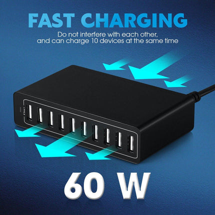 60W 10 Port USB Charger Multi Port AC Adapter Travel Wall Hub Charging Station