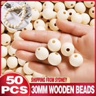 50 x 30mm Round Wood Bead Natural Unpainted Unfinished Wooden Beads Ball Spacer - Aimall