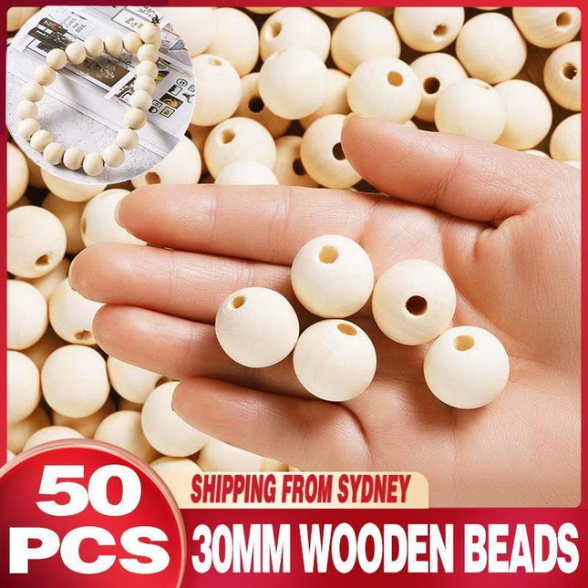 50 x 30mm Round Wood Bead Natural Unpainted Unfinished Wooden Beads Ball Spacer - Aimall