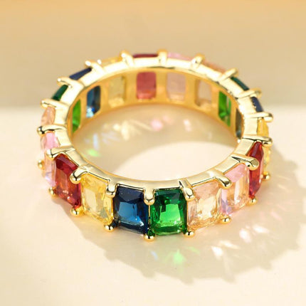 Rainbow Zircon Gemstone Ring Women's Stainless Steel Colourful Ring Size 6-10 - Aimall
