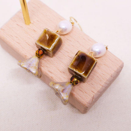 Ceramic Bead Dangle Earrings Imitation Pearl Vintage Fashion Jewellery