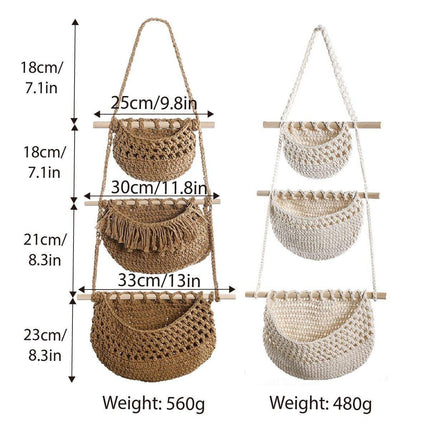 Three Layer Cotton Rope Wall Hanging Basket Door Storage Rack Organizer Bag