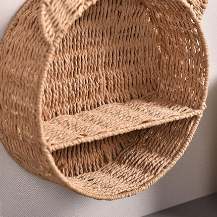 Rattan Storage Basket Wall Mounted Rack Round Plant Display Stand Organizer