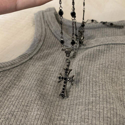Women Fashion Double Layer Cross Pendant Necklace Retro Casual Sweater Chain