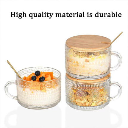4PCS Vintage 14oz Embossed Glass Coffee Cups with Bamboo Lid and Spoon for Tea Milk