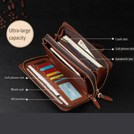 Commuter Clutch Bag for Men Long Leather Wallet Handbag Casual Travel Purse