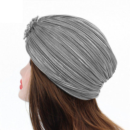 Muslim Women Pleated Silver Pleated Indian Wrap Turban Headscarf Elegant Hat