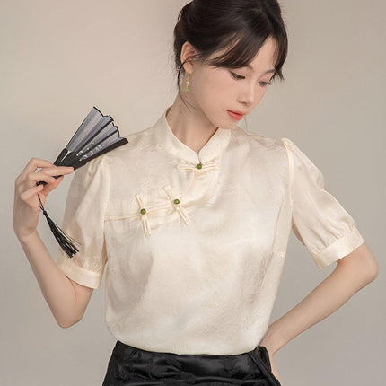 Women Satin Short Sleeve Blouse Chinese Button Top New Fashion Shirt Ladies