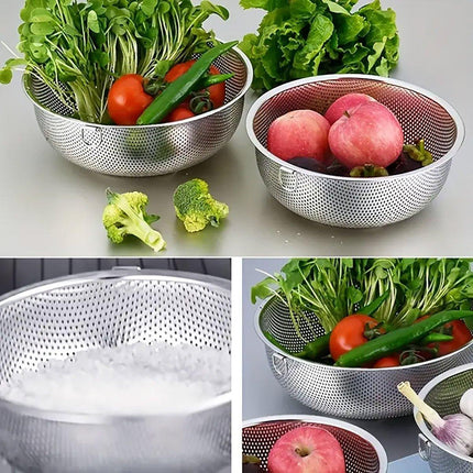 3PCS Stainless Steel Drain Basket Rice Washing Sieve Double Ear Strainer Basin