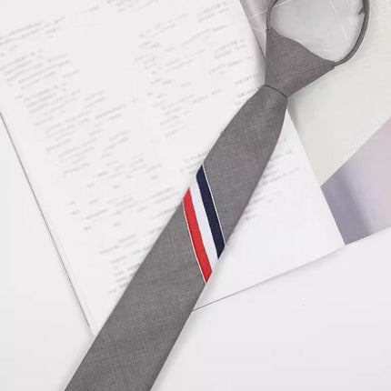 Men's zipper tie Fashion Pattern Striped Cotton Tie Preppy Student Slim Necktie - Aimall