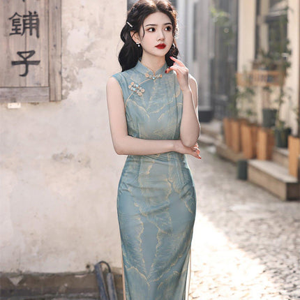 Retro Mesh Printed Double Layer Sleeveless Cheongsam Mid Length Improved Design