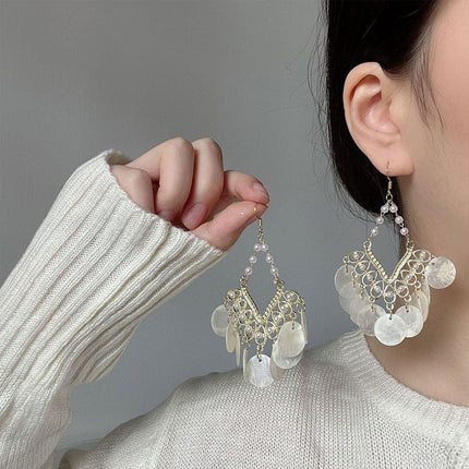 Shell Tassel Earrings Court Style Geometric Scalloped Design Fashion Jewelry
