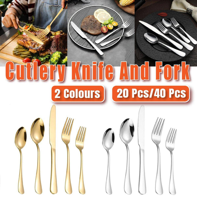 20/40pcs Stainless Steel Cutlery Set Knife Fork Spoon Western Hotel Tableware
