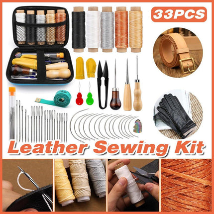 33Pcs DIY Leather Craft Hand Tools Kit Stitching Sewing Stamping Carve Work Set