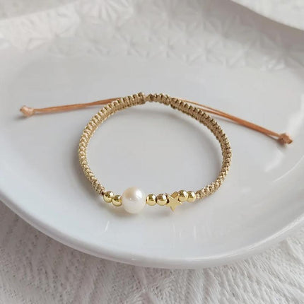 Adjustable Gold Pearl Bracelet Accessory Stylish Hand-Woven Pearls Wrist Chain - Aimall
