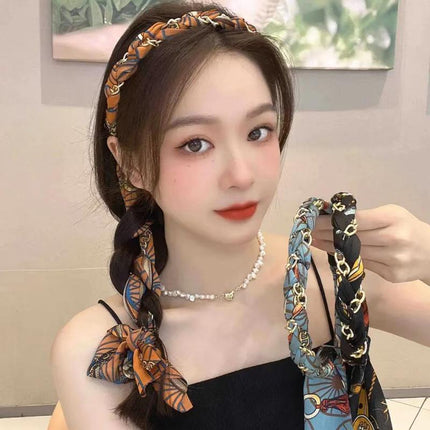 Chains patterned satin headband with Long Scarf Headband Scarf Hair Accessories - Aimall