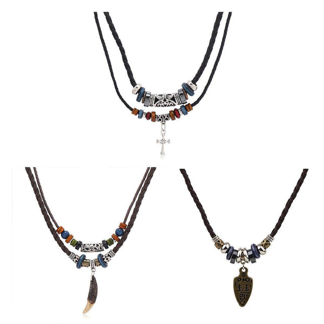 Vintage Cross Necklace Wooden Beads Leather Cord Religious Pendant Jewelry