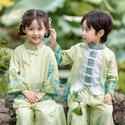 Boys Landscape Painting Performance Costume Chinese Style Traditional Green Set