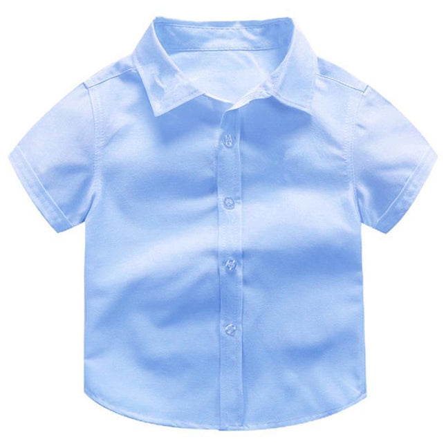 Boys Children's Kids Blue Short Sleeve School Shirt Open Neck With Lay Back Collar - Aimall