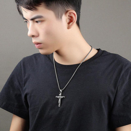 Men Stainless Steel Gold Silver Black Jesus Crucifix Pendant Chain Necklace Gold - Aimall
