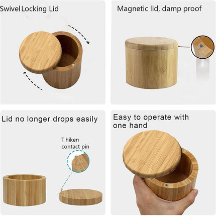 Bamboo Salt Box with Lid Mini Spoon Round Spice Storage Jar Kitchen Utensils Set