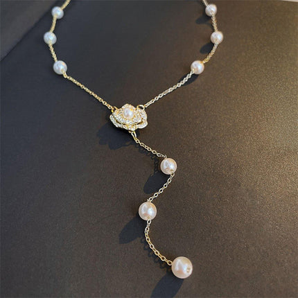 Gold Flower Pearl Tassel Necklace Elegant Temperament Jewelry Gift for Women