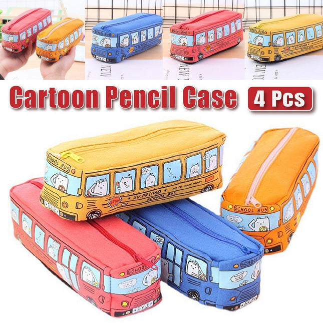 4PCS Large Capacity Cartoon Bus Pencil Case Stationery Storage Bag for School or Gifts
