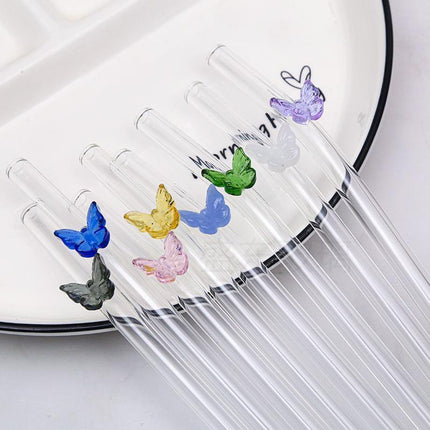8pcs Colourful Butterfly Glass Straw Reusable Heat Resistant Proof MultiColours