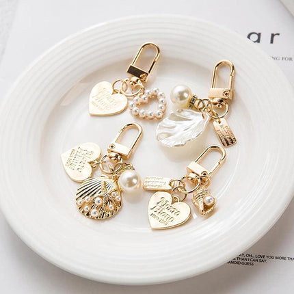 Womens Cute Key Rings Shell Heart Pearl Shape Keychain Charm Bag Hanger Pendants - Aimall