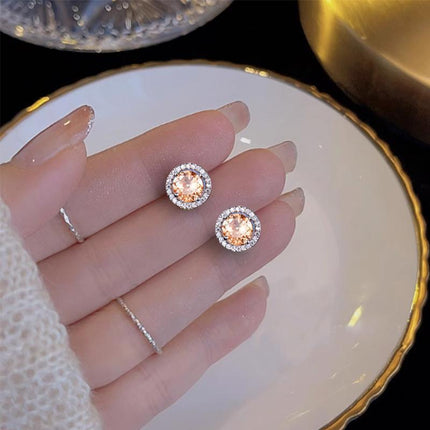 Female Round Zircon Stud Earrings Full Diamond Boucle Big Hollow Cubic Gift - Aimall
