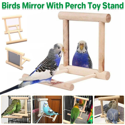 Birds Mirror With Perch Toy Stand Bird Toy for Parrot Parakeets Cockatiels Cage