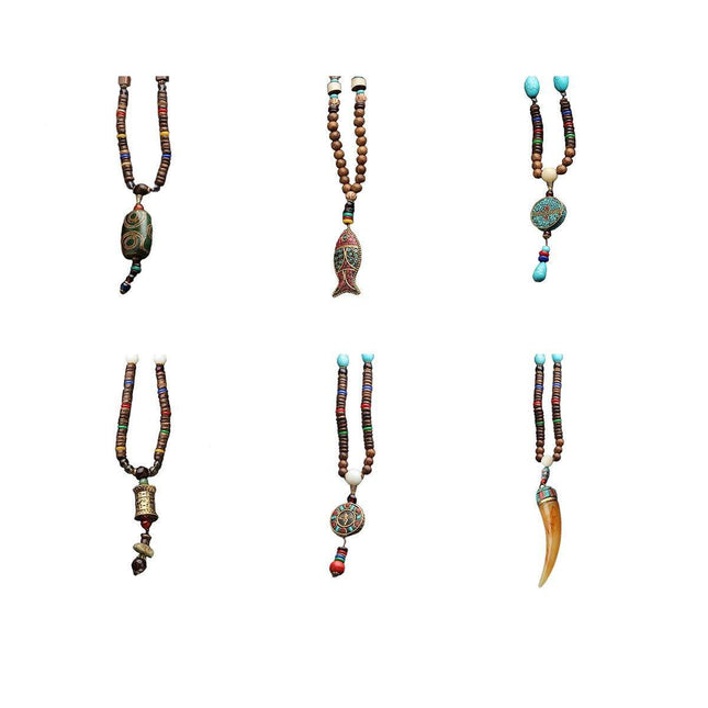 Retro Ethnic Style Pendant Sweater Chain Long Wooden Bead Necklace Fashion