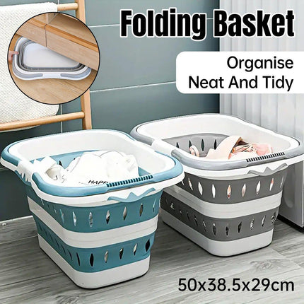 Large Folding Laundry Basket Plastic Dirty Clothes Hamper Blue Bathroom Storage