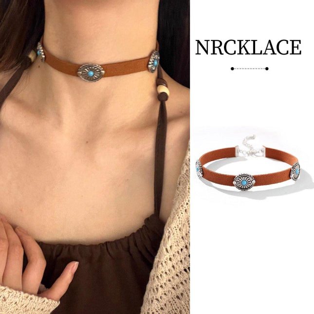 Brown Leather Rope Necklace Vintage Style Choker Women Elegant Fashion Jewelry