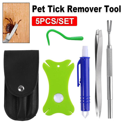 5PCS Pet Flea Tick Removal Tool Set Dog Cat Lice Fork Tweezers Kit Silver Hook