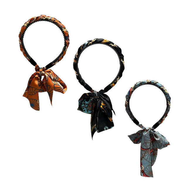 Chains patterned satin headband with Long Scarf Headband Scarf Hair Accessories - Aimall