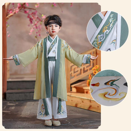 Kids Boys Hanfu Suit Top and Pants Embroidered Lace Up Bag Tassel Chinese Style - Aimall