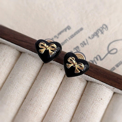 Elegant Black Heart Earrings with Golden Bow for Girls Sweet Fashion Jewelry