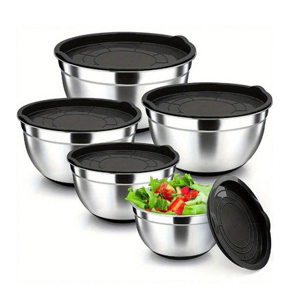 5PCS Stainless Steel Mixing Bowl Set with Black Dust Cover for Cooking Baking