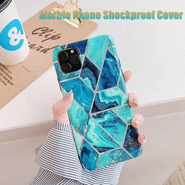 Blue Geometric Marble Case for iPhone 13 12 11 Pro Max XR XS 8 Shockproof Cover Silicone - Aimall