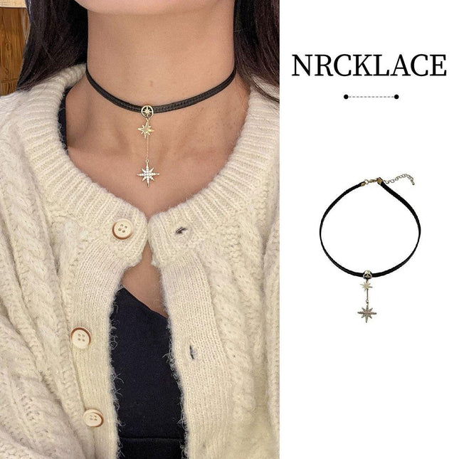 Unique Octagram Star Pendant Leather Rope Necklace Fashion Jewelry for Women