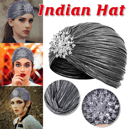 Muslim Women Pleated Silver Pleated Indian Wrap Turban Headscarf Elegant Hat