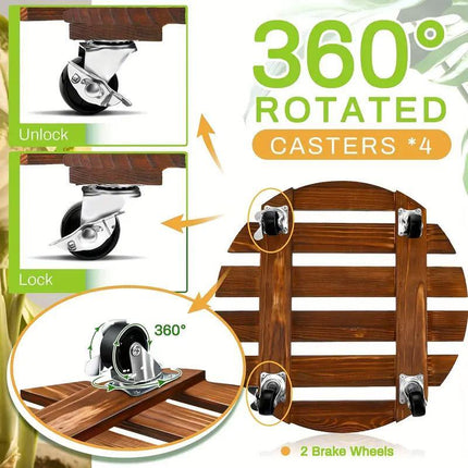 Wooden Round Universal Wheel Planter Base Tray Mobile Planter Stand for Garden