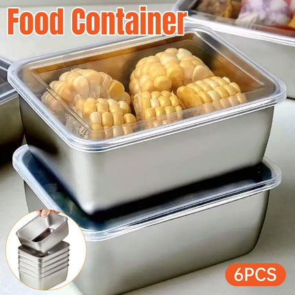 6PCS Stainless Steel Fresh-keeping Box with Sealed Lid Food Fruit Box Container
